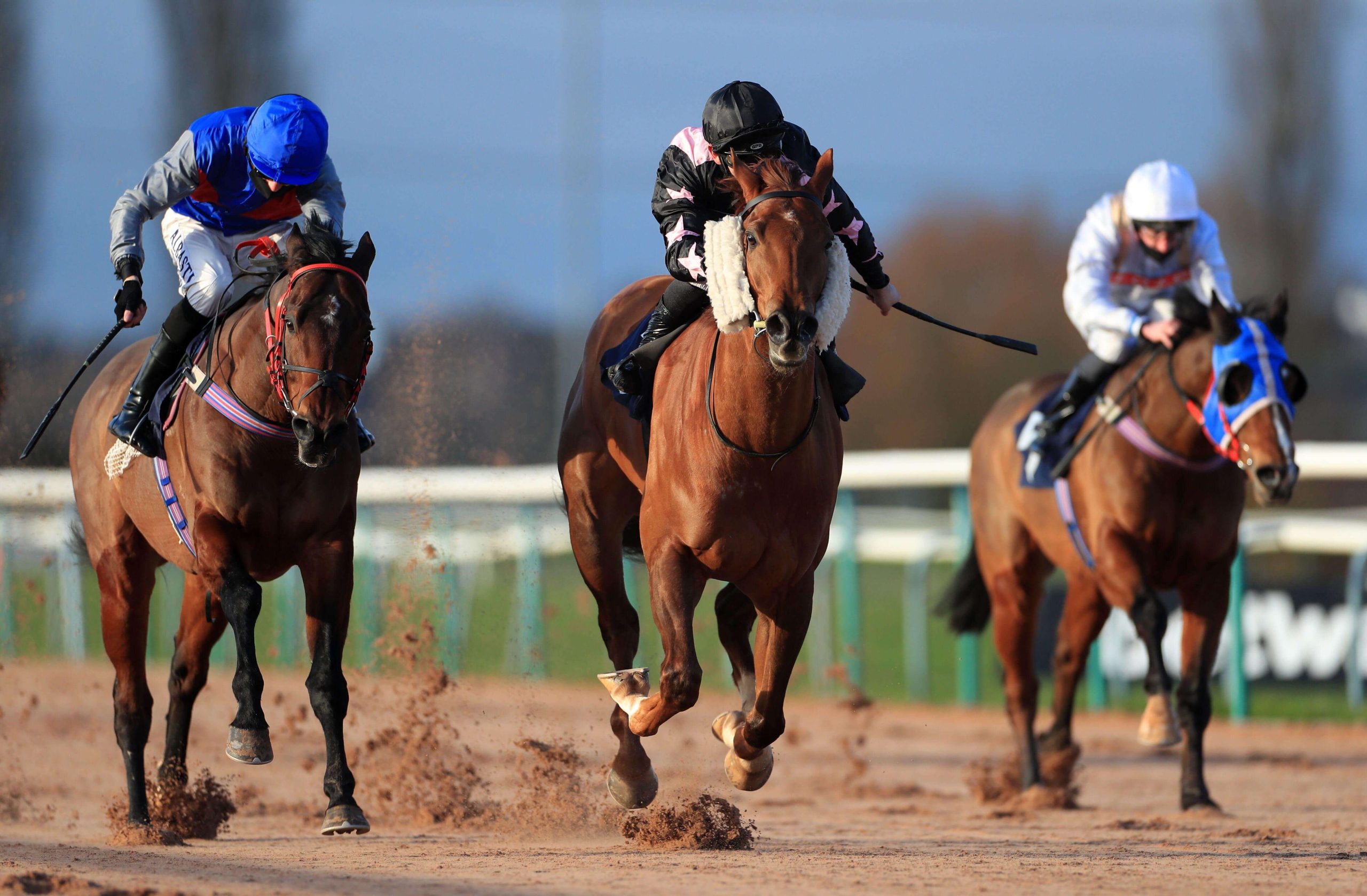 Thegreatestshowman ridden by Marco Ghiani (centre) wins the Betway Handicap at Southwell Racecourse.