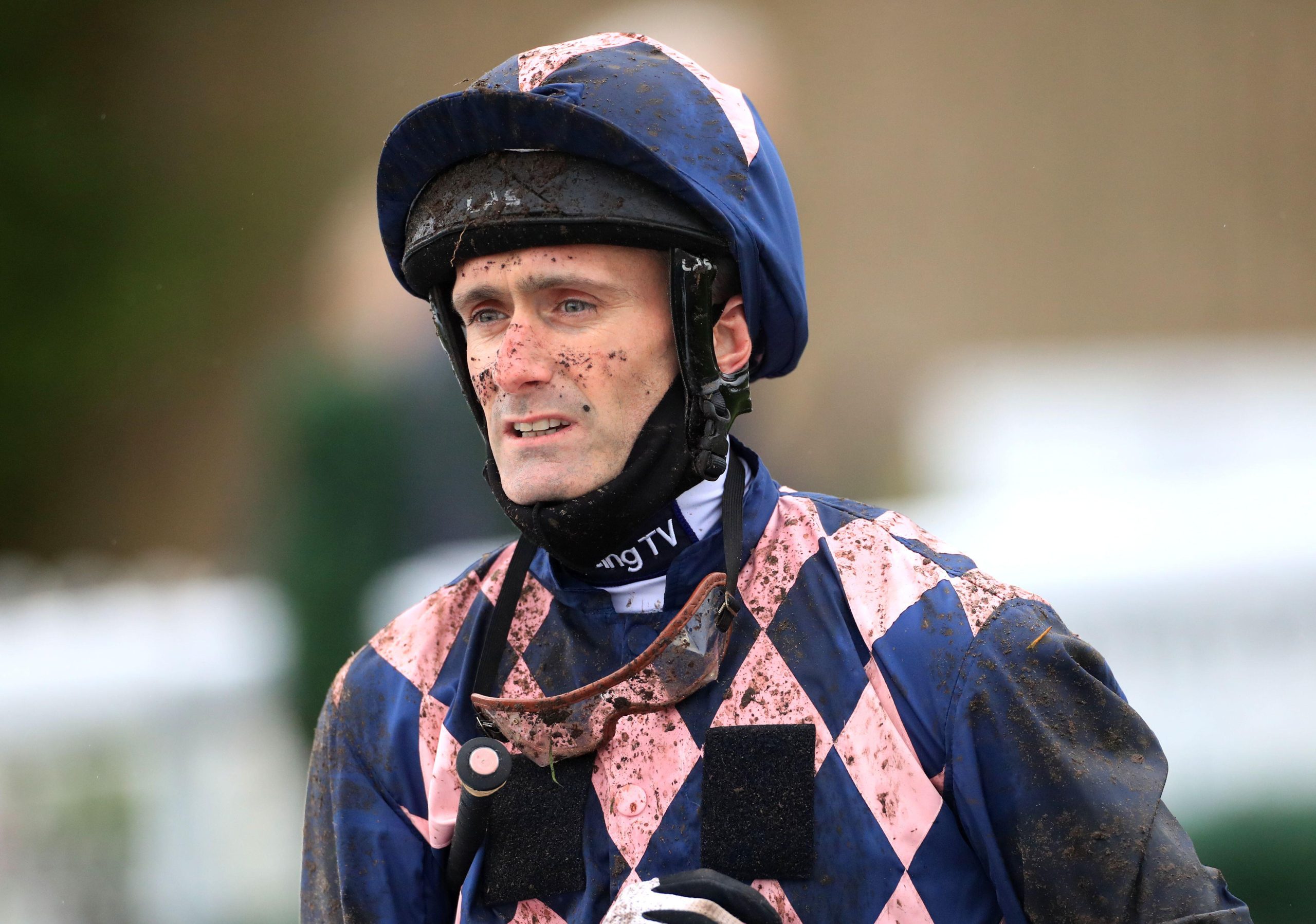 Jockey Paul Mulrennan after finishing in second place in the Leconfield Maiden Fillies' Stakes on Dancing To Win at Beverley racecourse in the East Riding of Yorkshire. Picture date: Tuesday May 11, 2021.