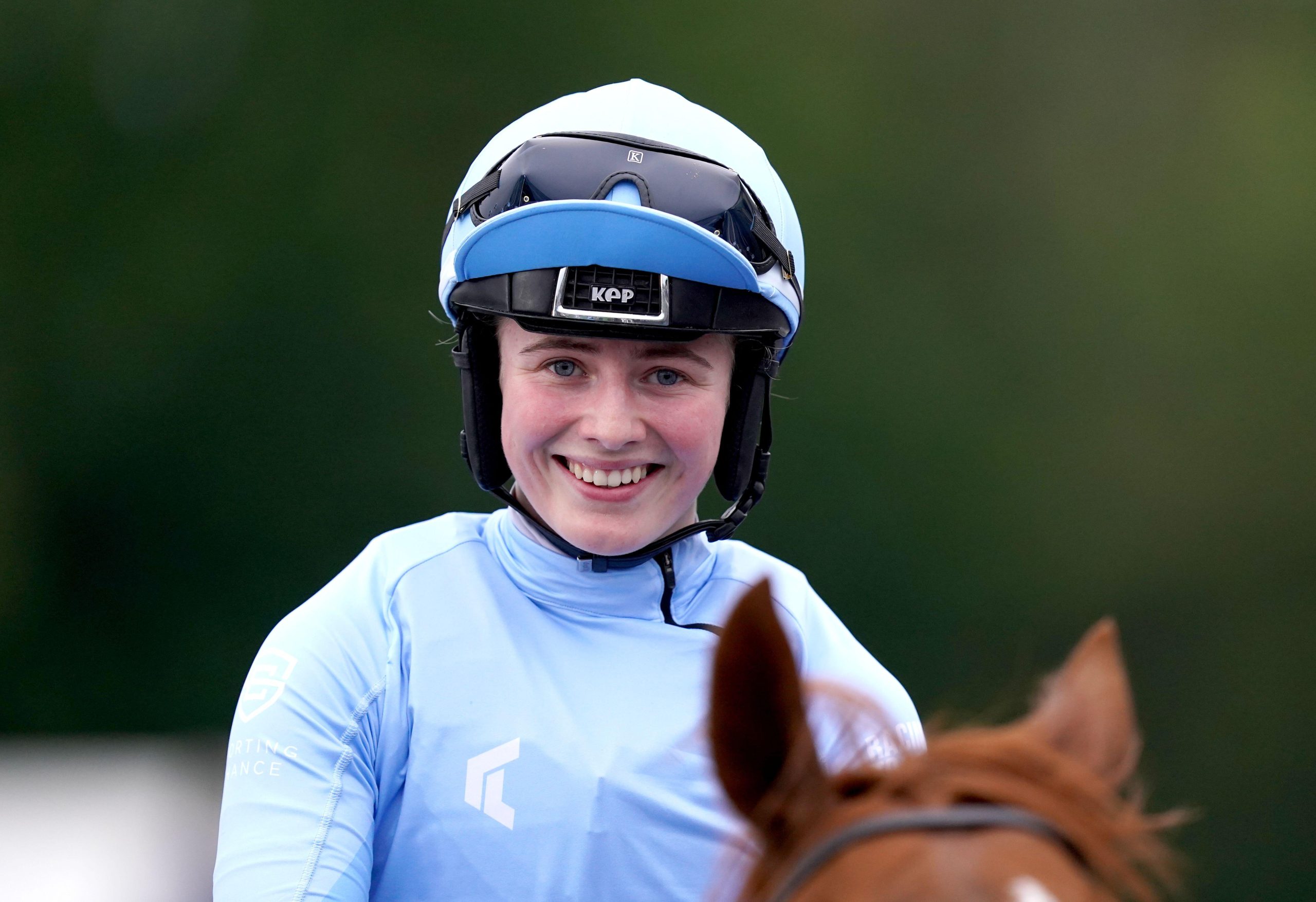 Saffie Osborne celebrates on top of Tregony after winning the William Hill Lengthen Your Odds Racing League Race Thirty-Two Handicap during Race Day 6 of the William Hill Racing League at Newcastle Racecourse. Picture date: Thursday September 2, 2021.