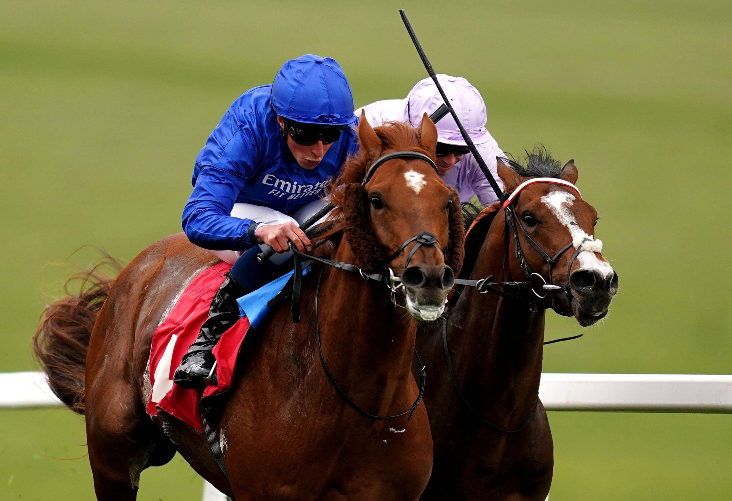 Nahanni ridden by William Buick, on their way to winning the Cazoo Blue Riband Trial during the Epsom Downs Spring Meeting at Epsom Downs Racecourse. Picture date: Tuesday April 19, 2022.