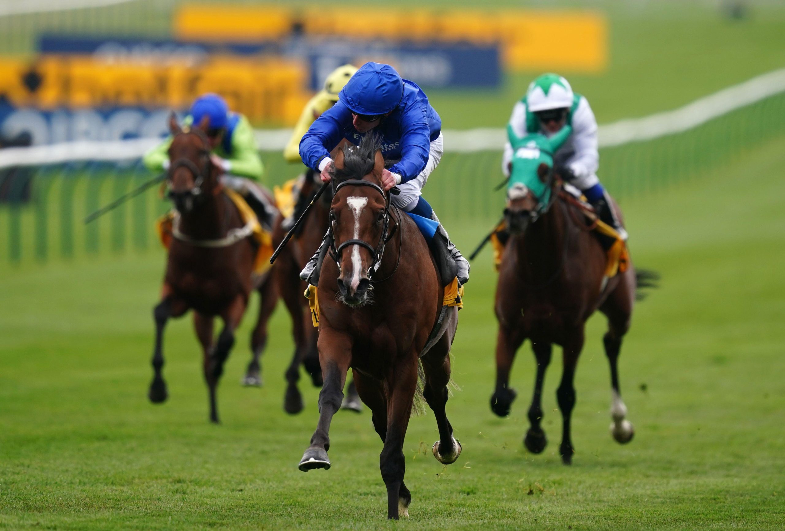 Nations Pride and William Buick coming home to win the Best Odds On The Betfair Exchange Newmarket Stakes on the opening day of the QIPCO Guineas Festival at Newmarket Racecourse, Newmarket. Picture date: Friday April 29, 2022.