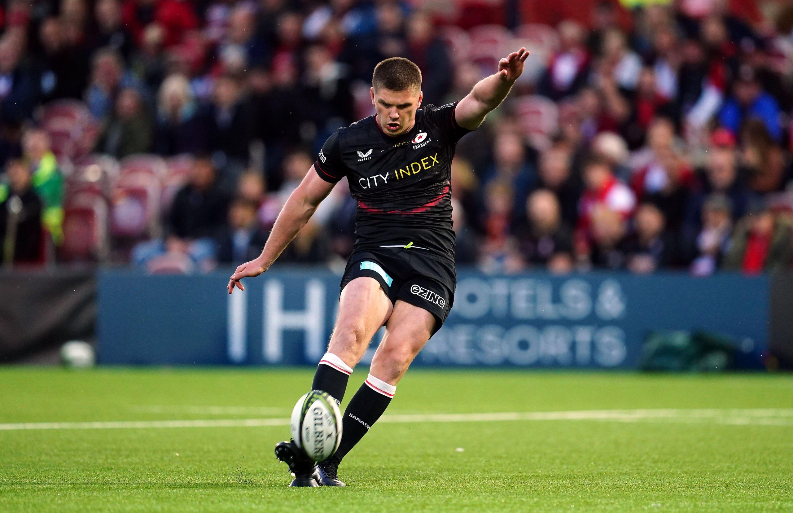 Saracens Owen Farrell kicks a penalty during the European Challenge Cup quarter final match at Kingsholm Stadium, Gloucester. Picture date: Friday May 6, 2022.