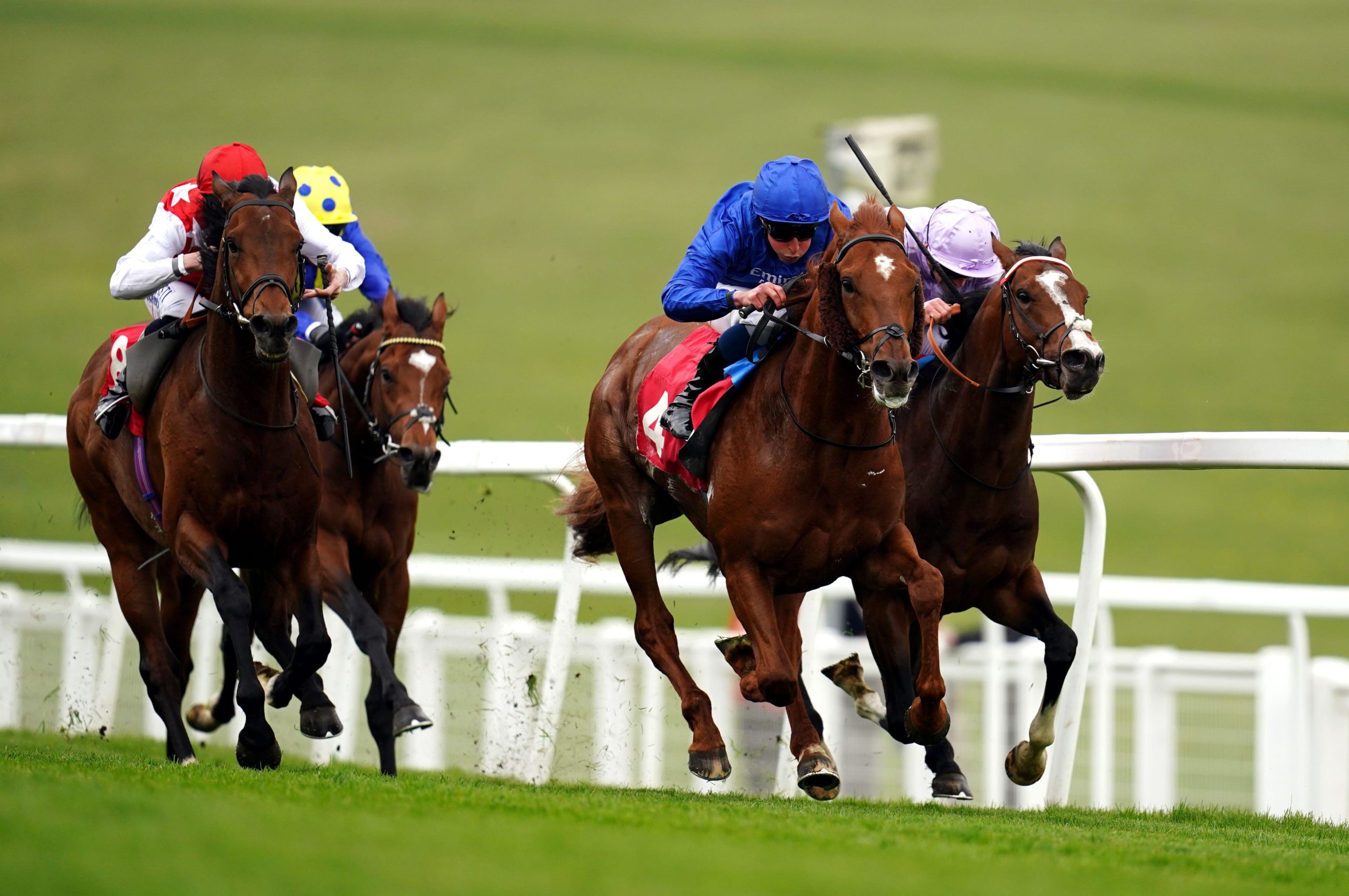 Nahanni ridden by William Buick, on their way to winning the Cazoo Blue Riband Trial during the Epsom Downs Spring Meeting at Epsom Downs Racecourse. Picture date: Tuesday April 19, 2022.